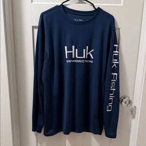 Huk Navy Long Sleeve Performance Fishing Shirt with White Logo